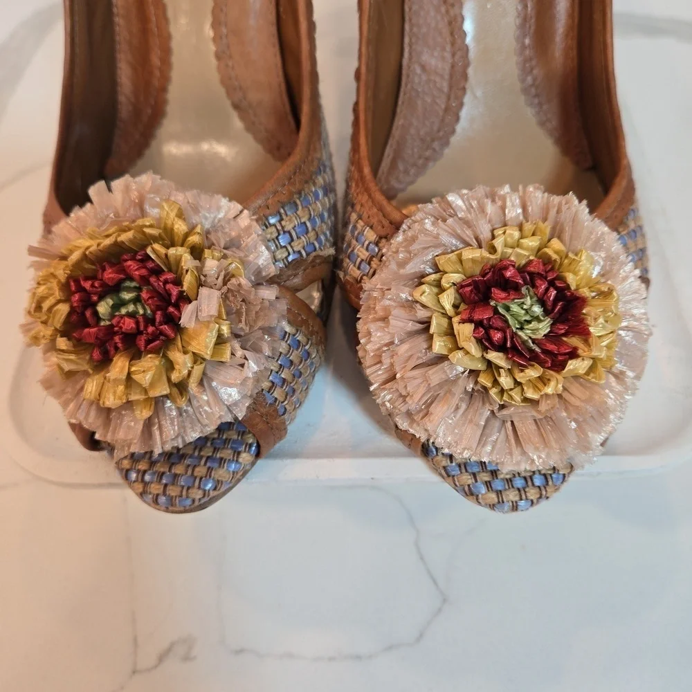 Enzo Angiolini Floral Weave Leather Peep Toe Fairycore Boho Heels Brown Blue 8.5